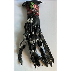 Lady Rider Women's Leather Hair Barrette Ponytail Glove Wrap Black with Rose